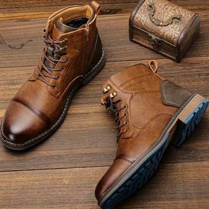 Botas de cuero vintage BRACKFEN marrones con puntera reforzada y cordones para hombre