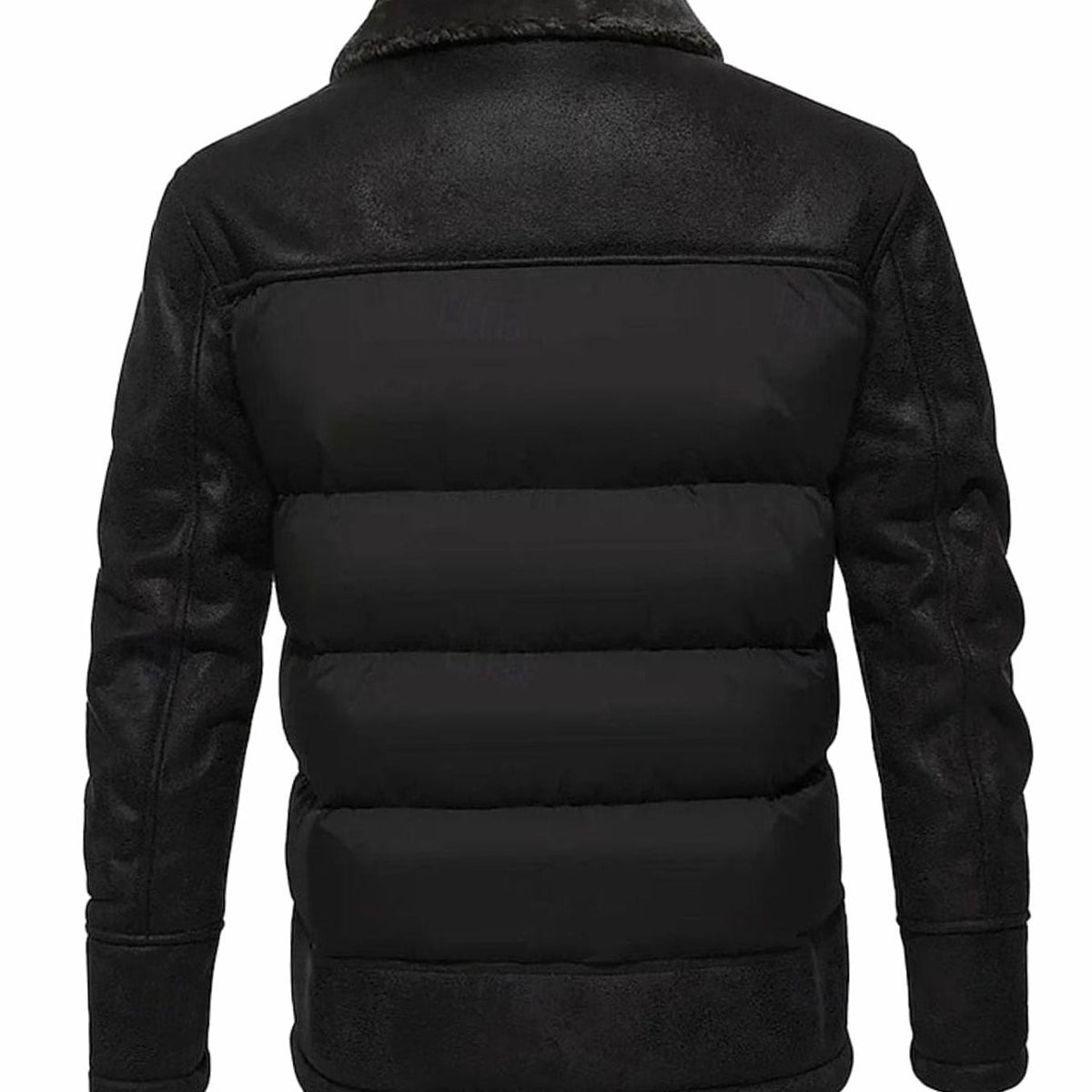 Vista trasera de la chaqueta acolchada efecto piel con cuello sherpa