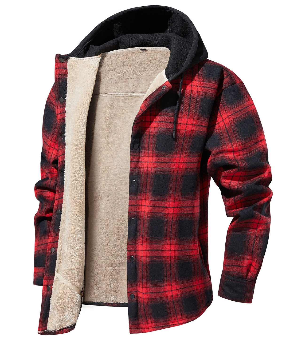 Vista frontal de la chaqueta de cuadros con capucha integrada