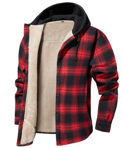 Vista frontal de la chaqueta de cuadros con capucha integrada