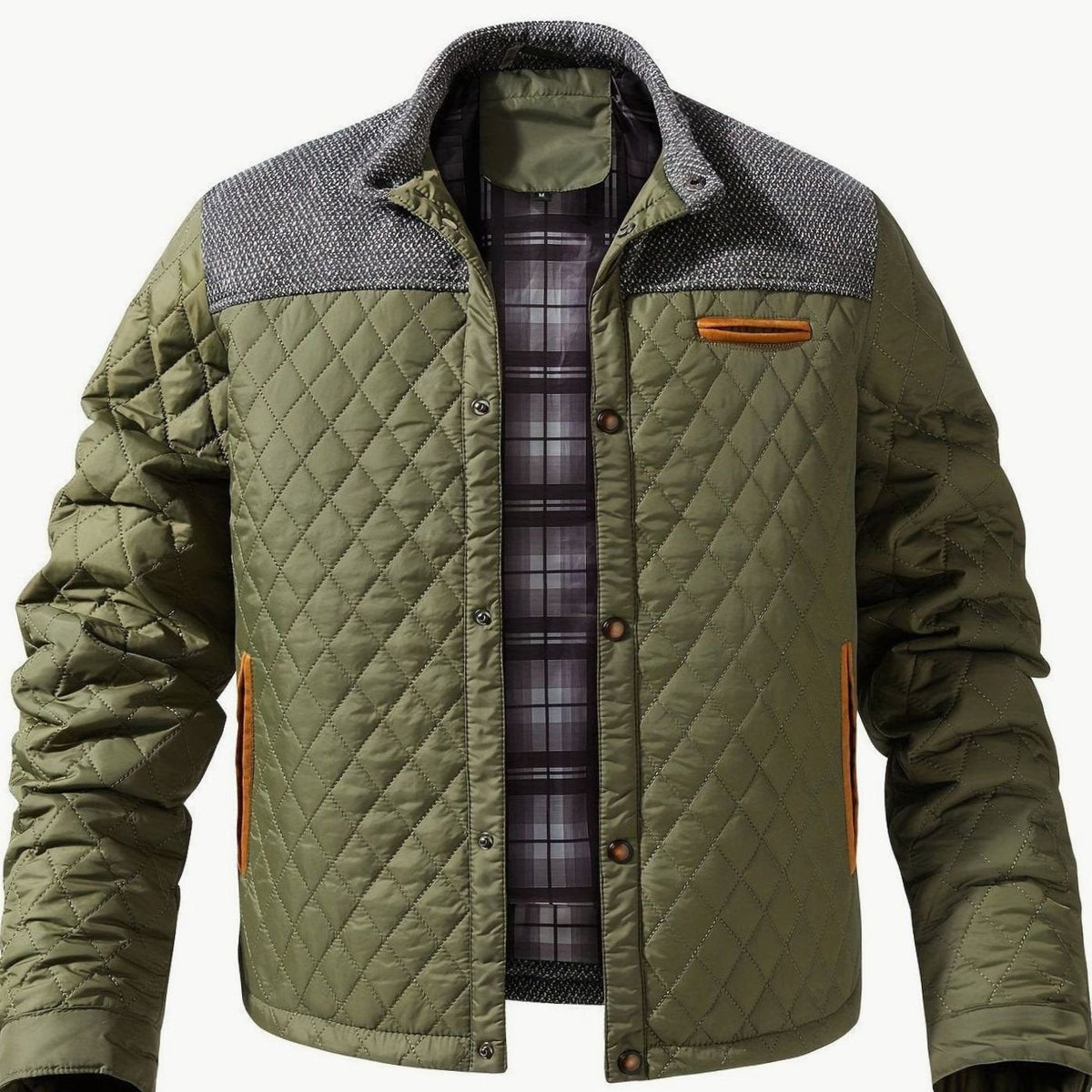 Chaqueta acolchada de hombre con cuello alto y cierre de broches en color a elegir