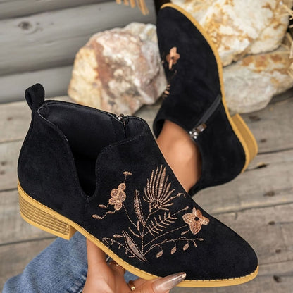 Botines BRISOLA de mujer con bordado floral y tacón bajo, vista frontal