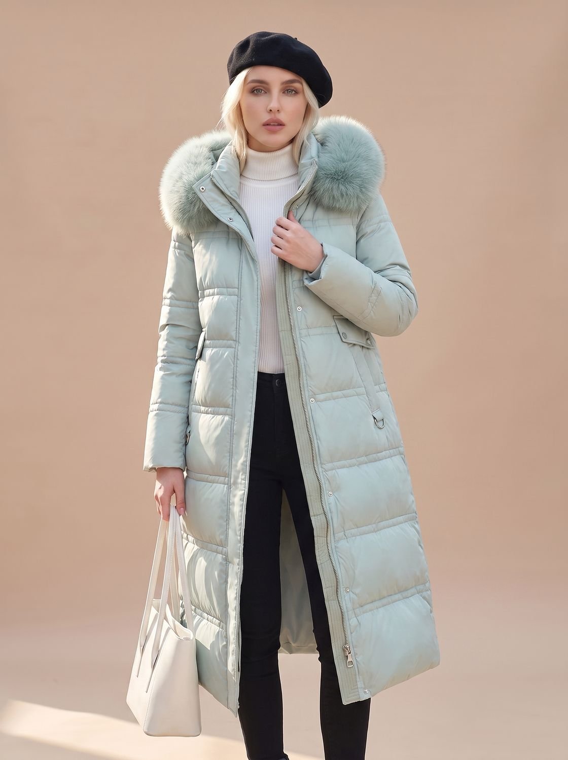 Abrigo largo acolchado con capucha para mujer, vista frontal completa