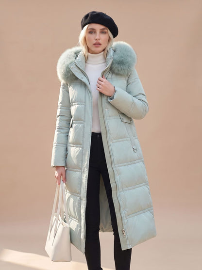 Abrigo largo acolchado con capucha para mujer, vista frontal completa