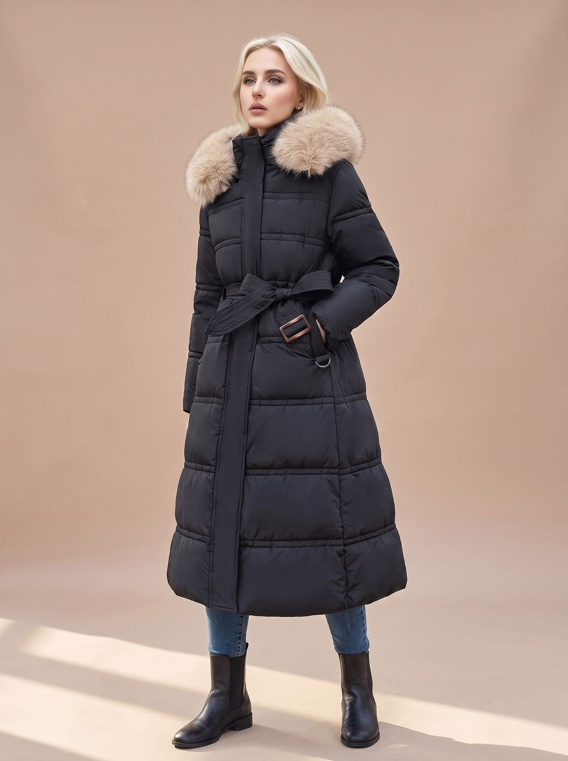 Vista lateral del abrigo largo acolchado con capucha para mujer