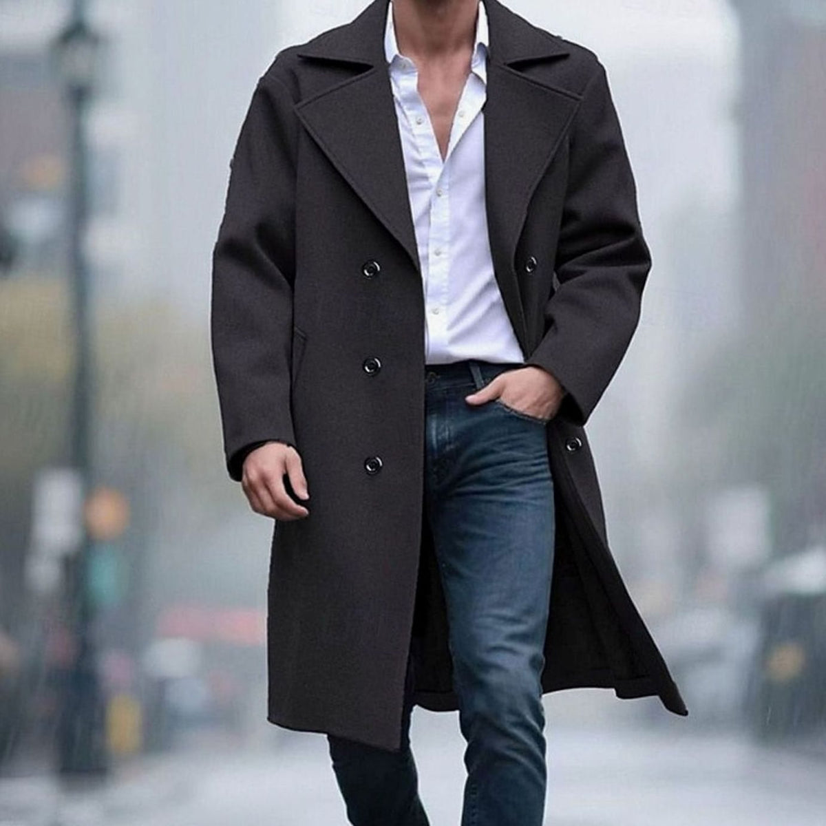 Abrigo cruzado BRODERICK combinado con vaqueros para look casual