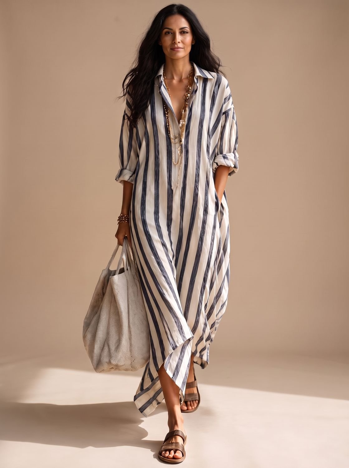 Vestido camisero maxi de rayas con bolsillos laterales visibles