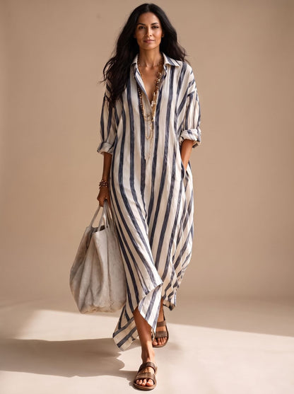 Vestido camisero maxi de rayas con bolsillos laterales visibles