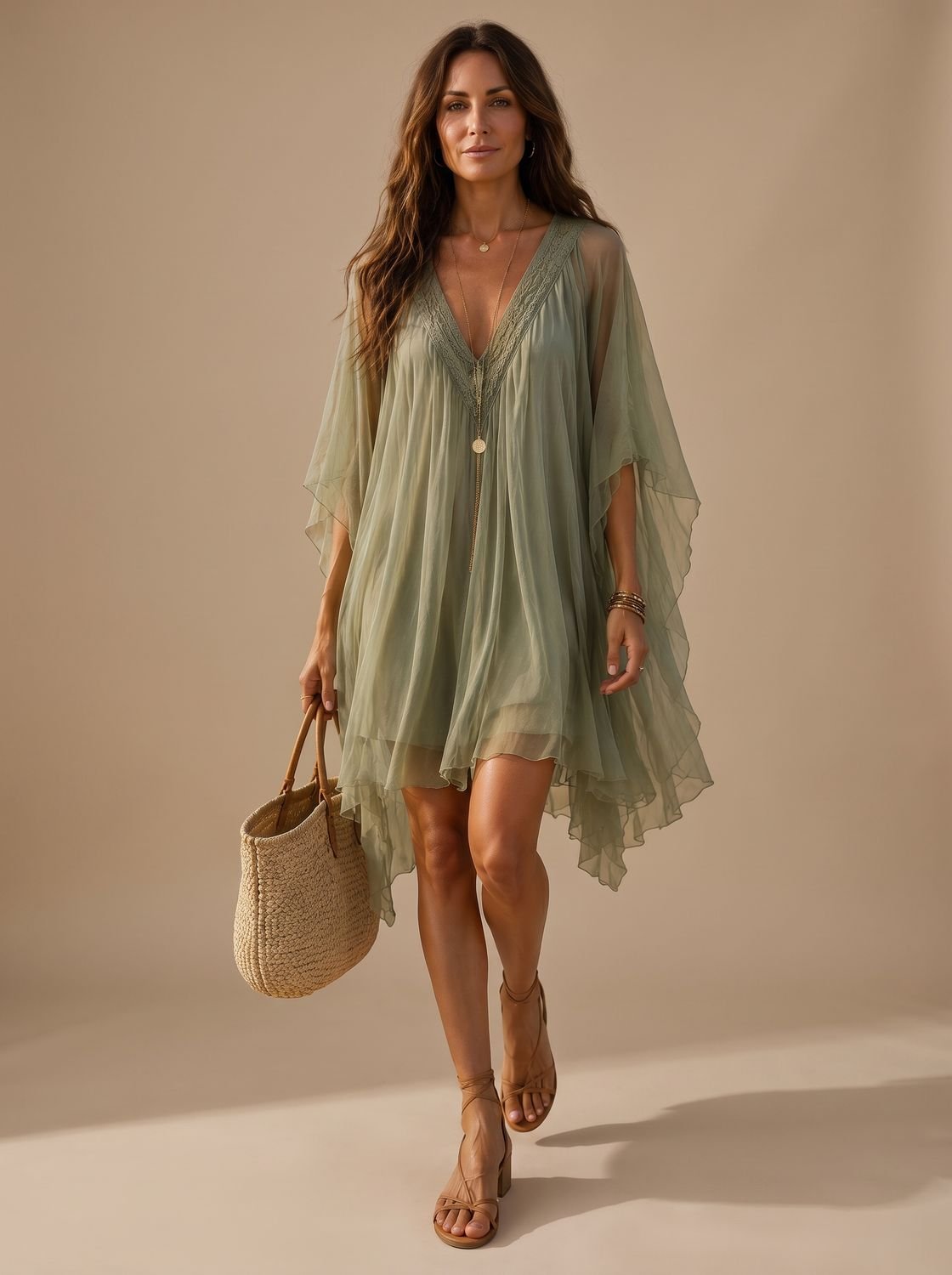Vestido pareo boho CALIPSA de gasa con escote en V para mujer en la playa