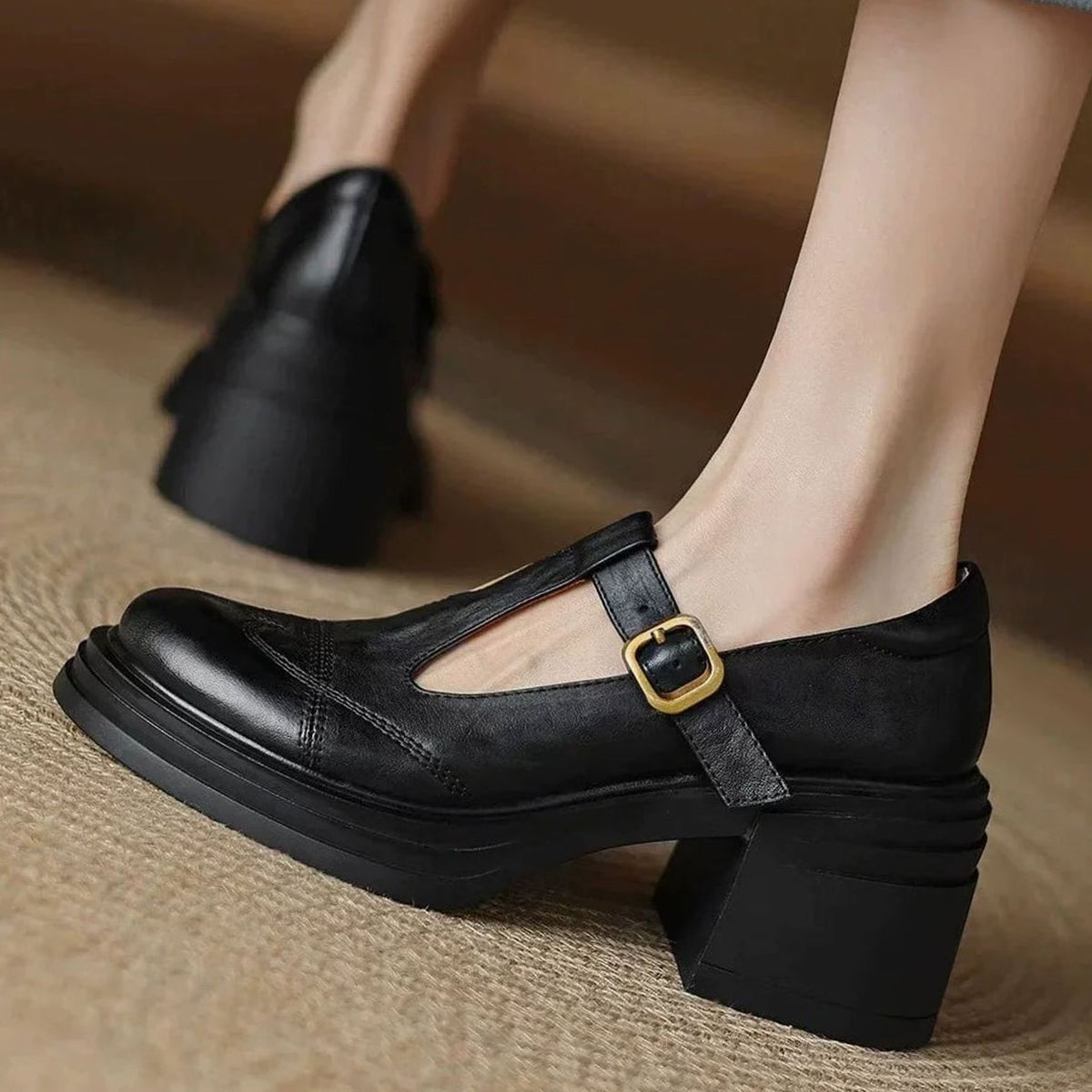 Zapatos de piel CAROLINA con tira en T y tacón ancho para mujer