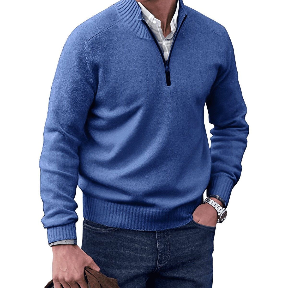 Vista frontal del jersey de punto con media cremallera para hombre