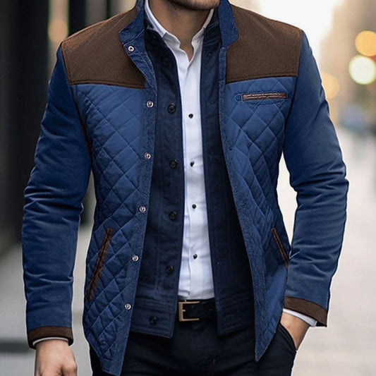 Chaqueta acolchada color block para hombre con cuello alto y cierre de botones a presión