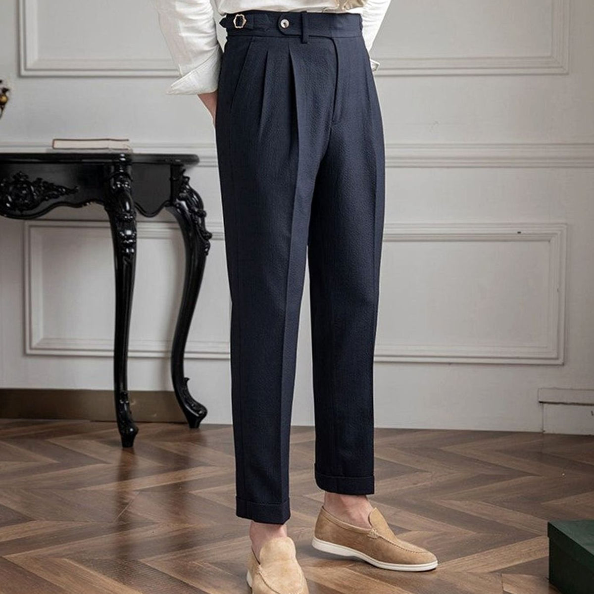 Pantalón de vestir hombre DALTON tiro alto con doble pinza y bajo con vuelta