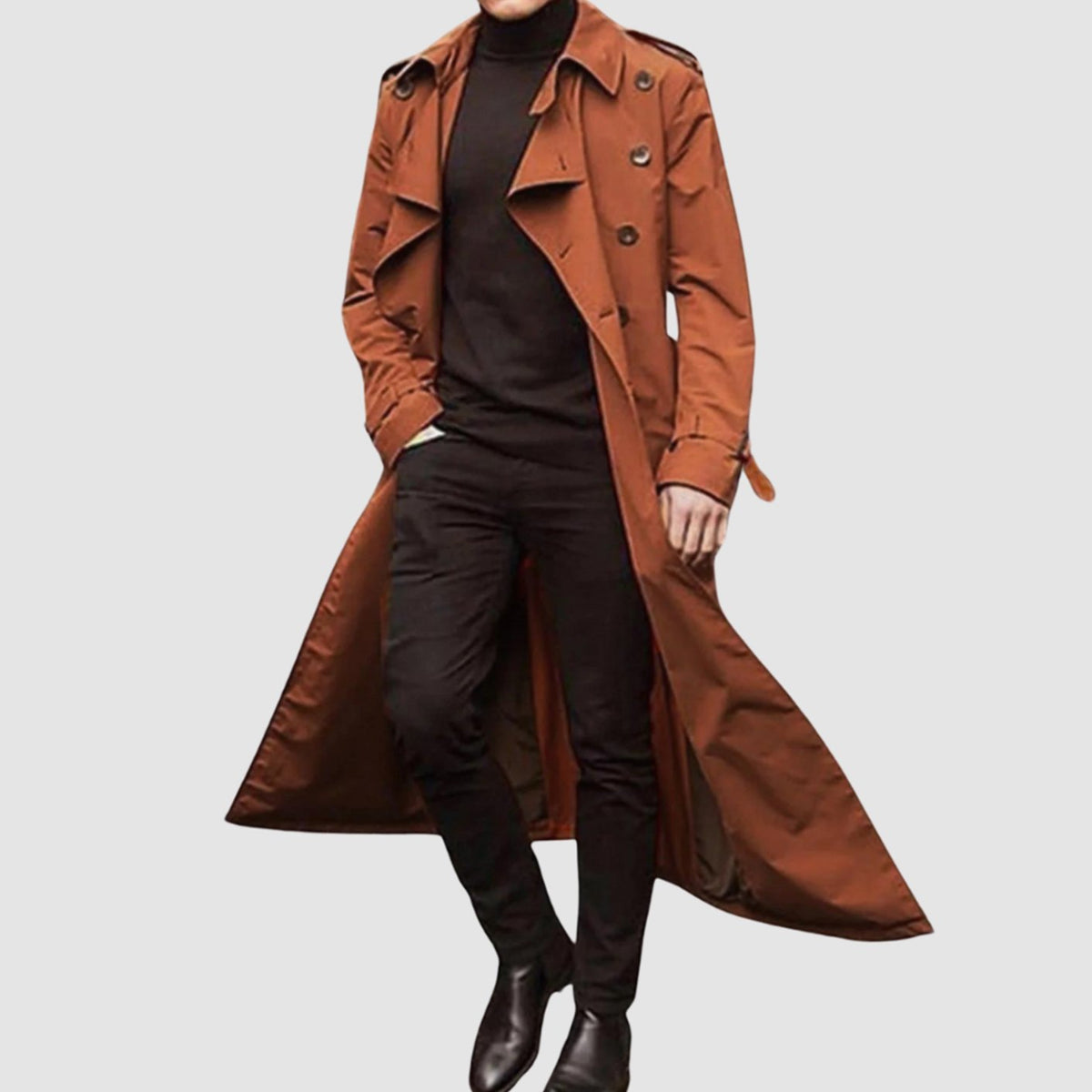 Hombre con gabardina larga cruzada de estilo vintage en look urbano