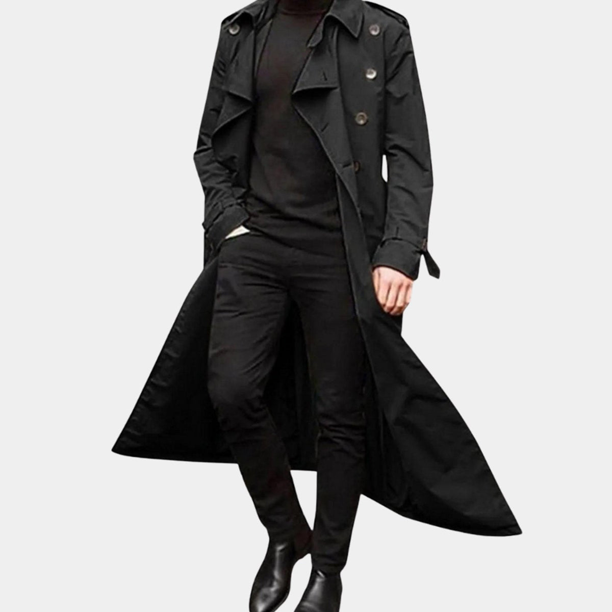 Gabardina larga para hombre combinada con traje y cuello alto