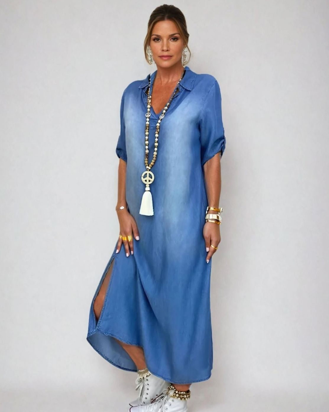 Vestido camisero largo mujer efecto vaquero con aberturas laterales