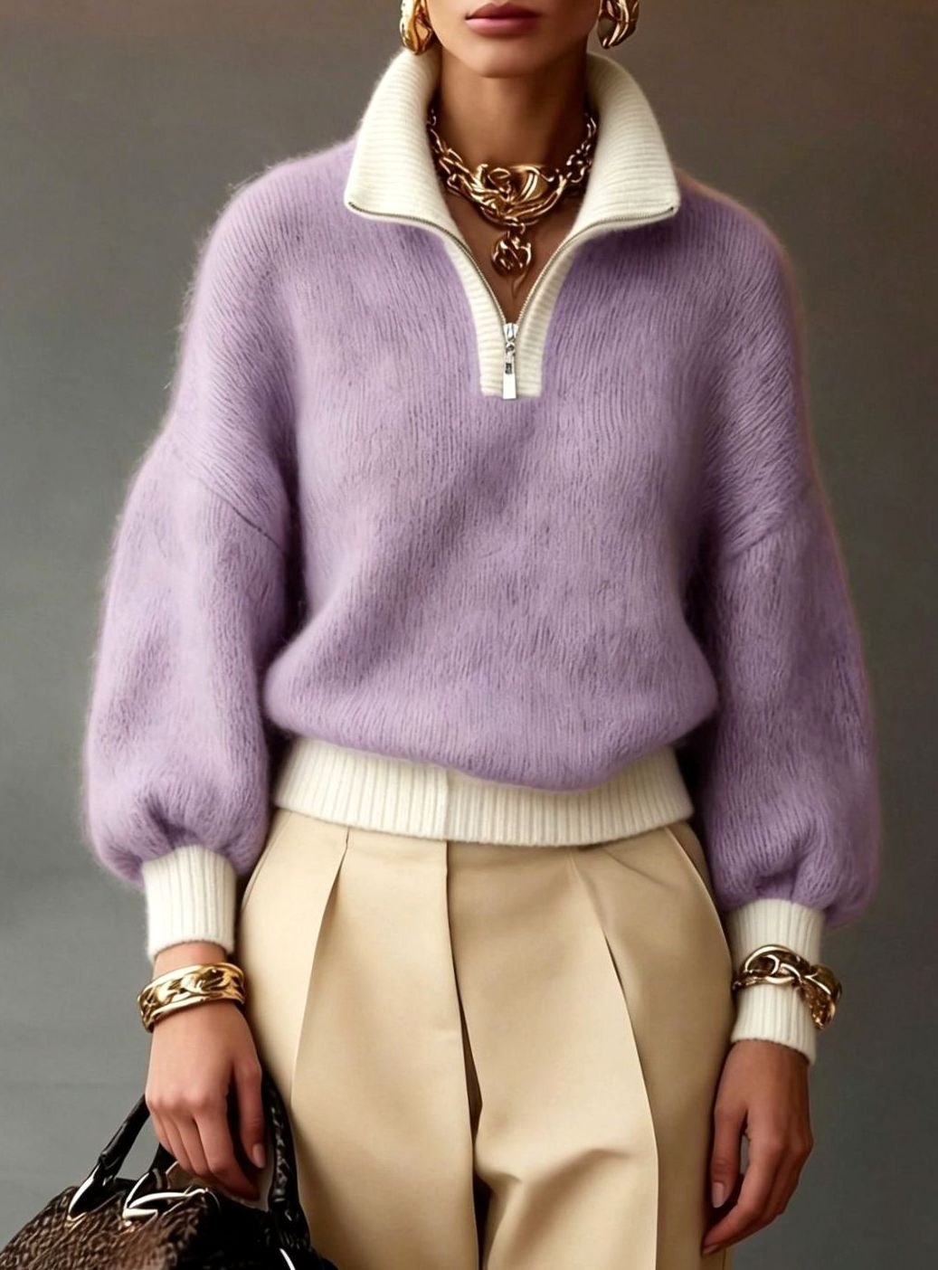 Jersey de punto mullido en color caqui para mujer