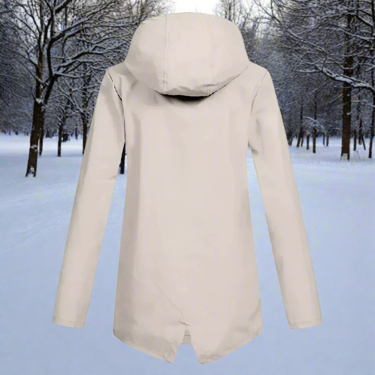 Vista trasera de la chaqueta longline con capucha