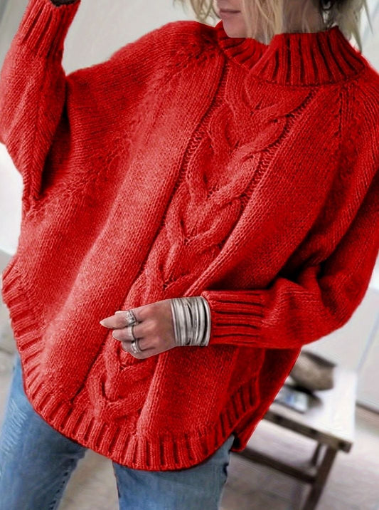Jersey oversize mujer de punto trenzado con cuello alto en look de otoño