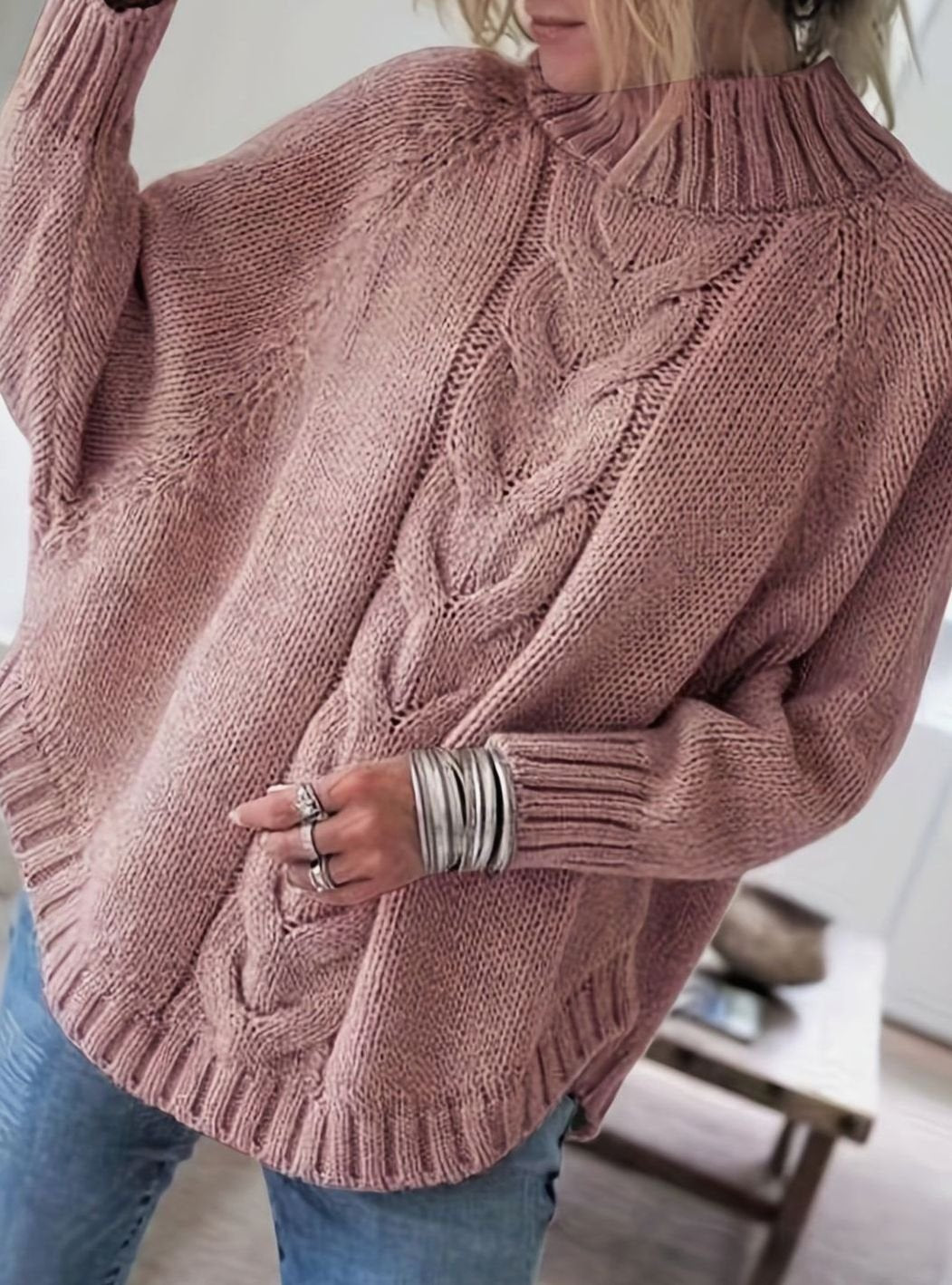 Cuello alto de punto canalé del jersey oversize para mujer