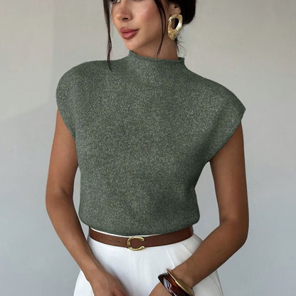 Chaleco de punto cuello alto sin mangas para mujer en color verde oliva
