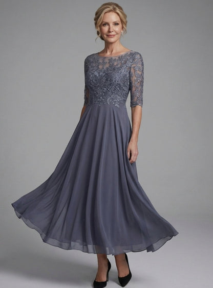Vestido midi EVANNA con bodice de encaje y mangas transparentes tres cuartos