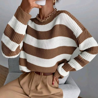 Jersey de punto grueso a rayas con cuello redondo para mujer