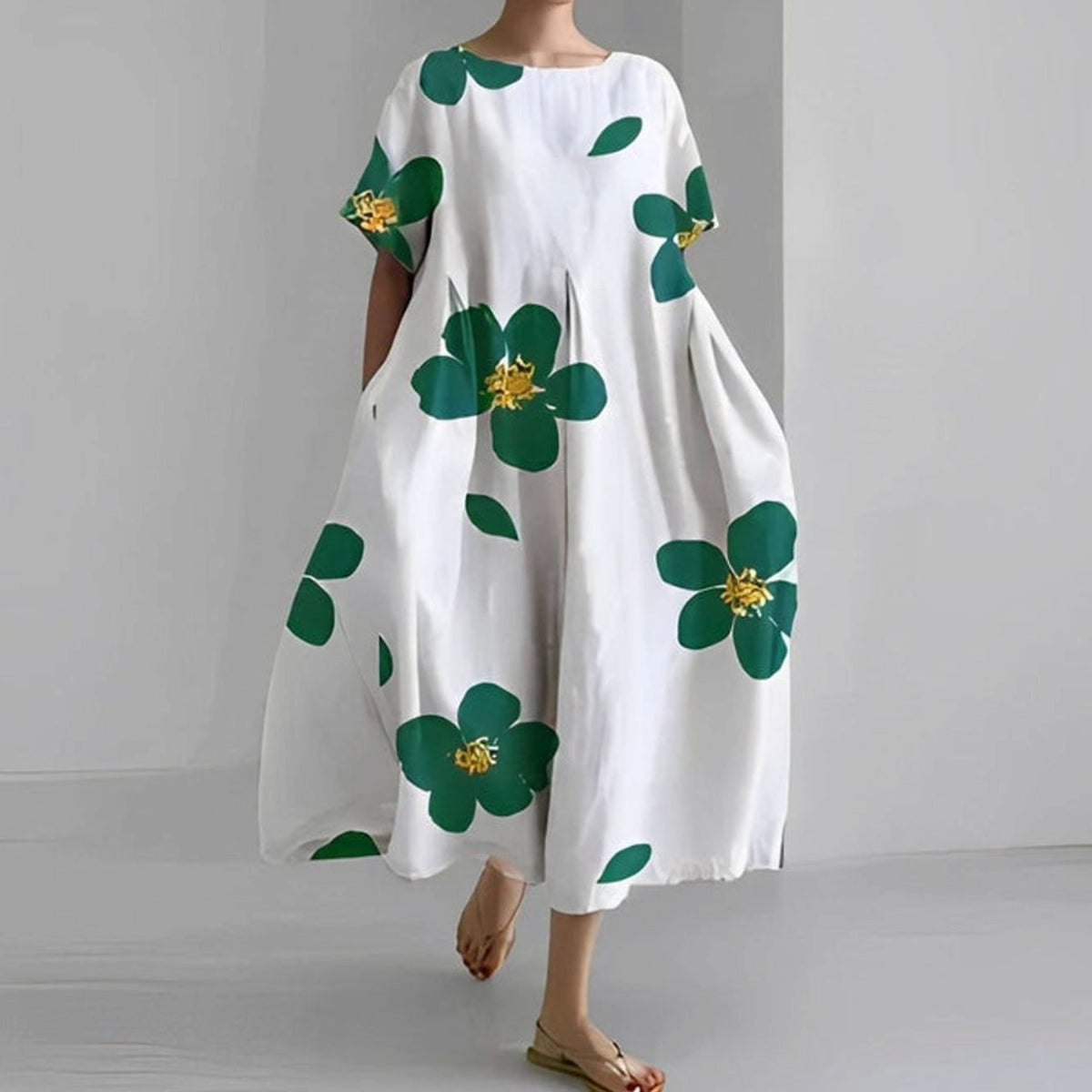 Vestido midi floral de manga corta para mujer, silueta amplia estilo swing