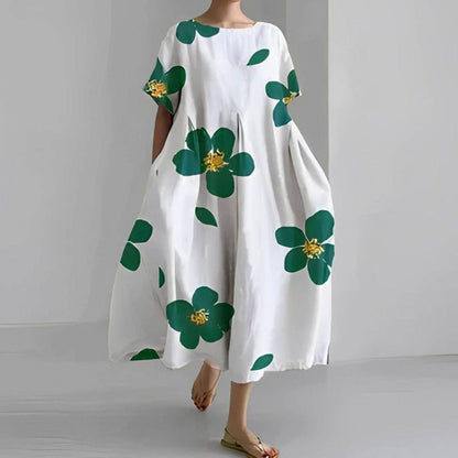 Vestido midi floral de manga corta para mujer, silueta amplia estilo swing