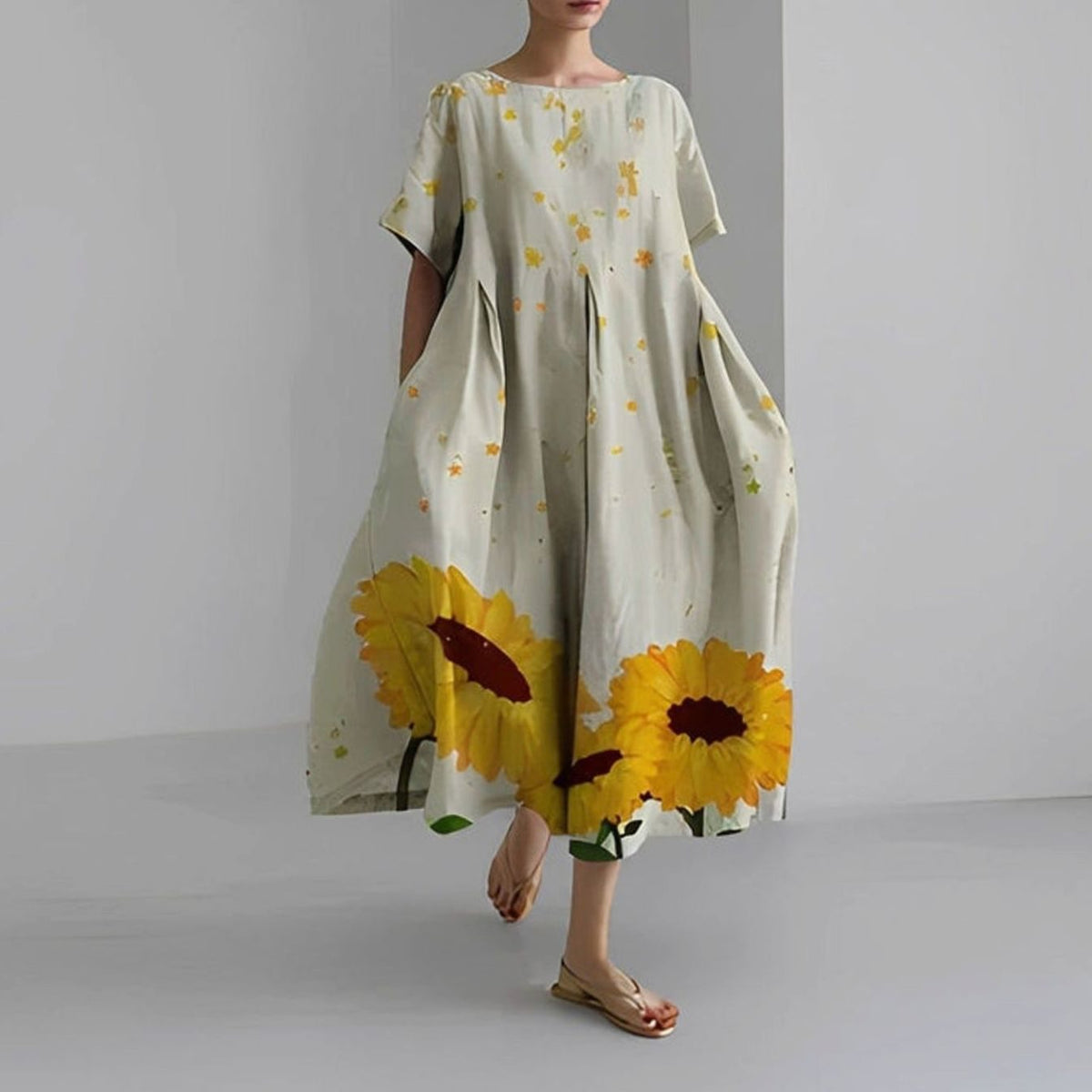 Mujer luciendo vestido midi floral con bolsillos laterales