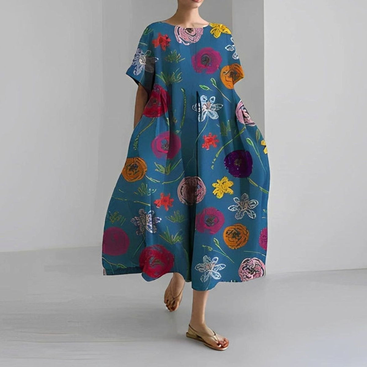 Vista lateral del vestido midi con estampado floral