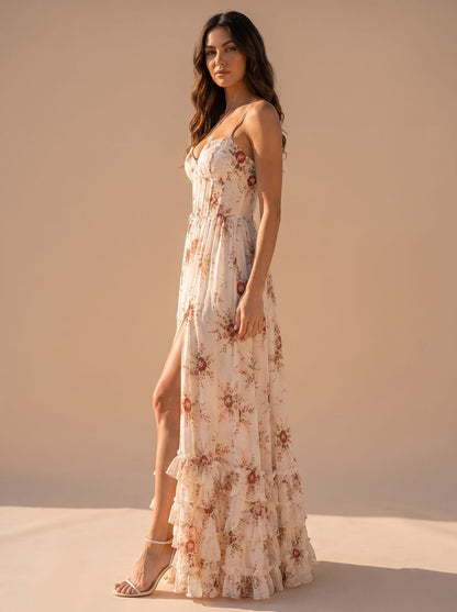 Vestido maxi floral con falda vaporosa y volantes en el bajo