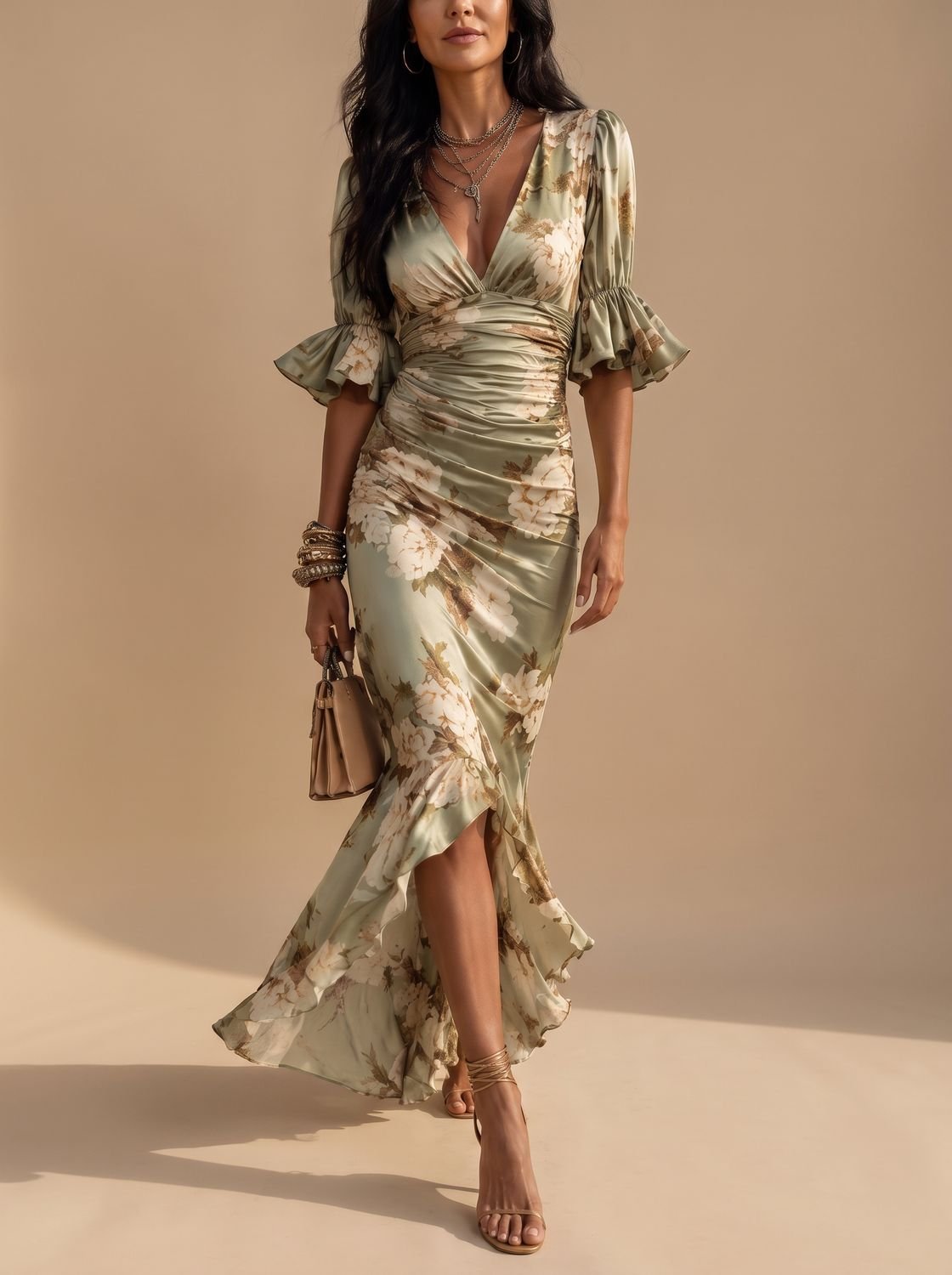 Vestido midi boho floral FLORIENNE con escote cruzado en V y cuerpo fruncido