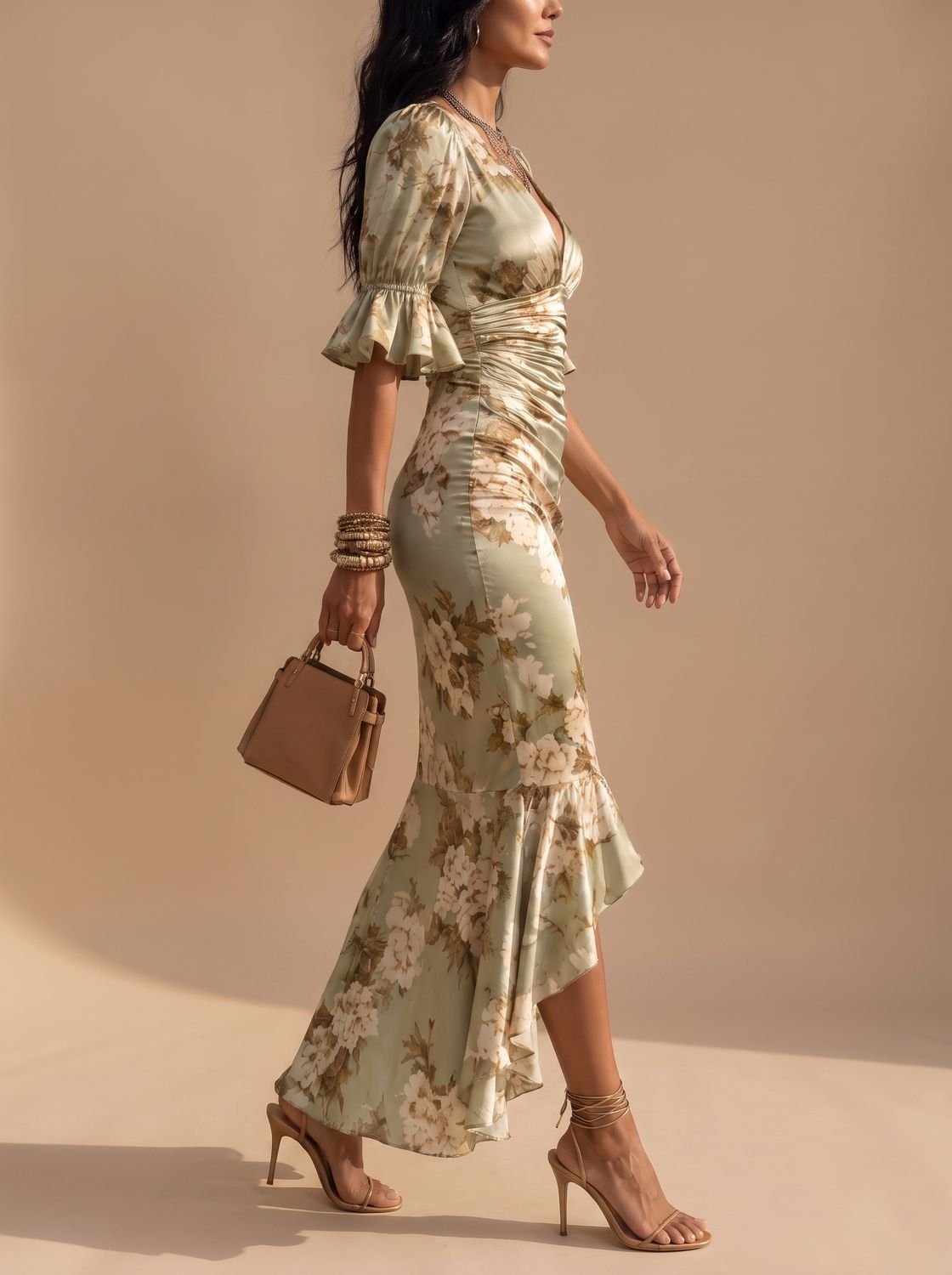 Vestido boho FLORIENNE con bajo asimétrico y estampado floral en tonos tierra