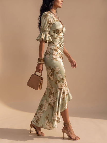 Vestido boho FLORIENNE con bajo asimétrico y estampado floral en tonos tierra
