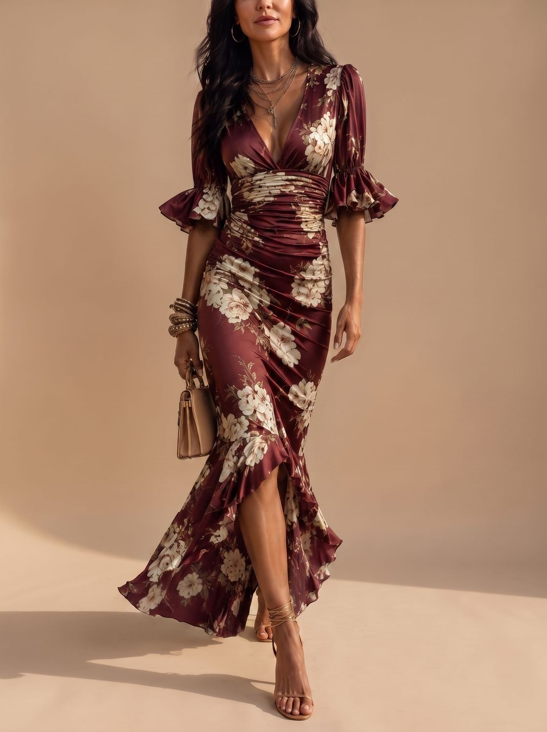 Vestido midi floral FLORIENNE visto de espaldas mostrando el movimiento del bajo