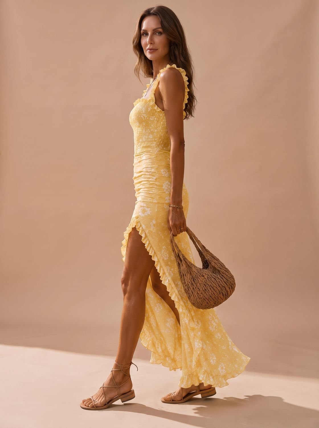 Vista trasera del vestido midi floral con tiras de volantes