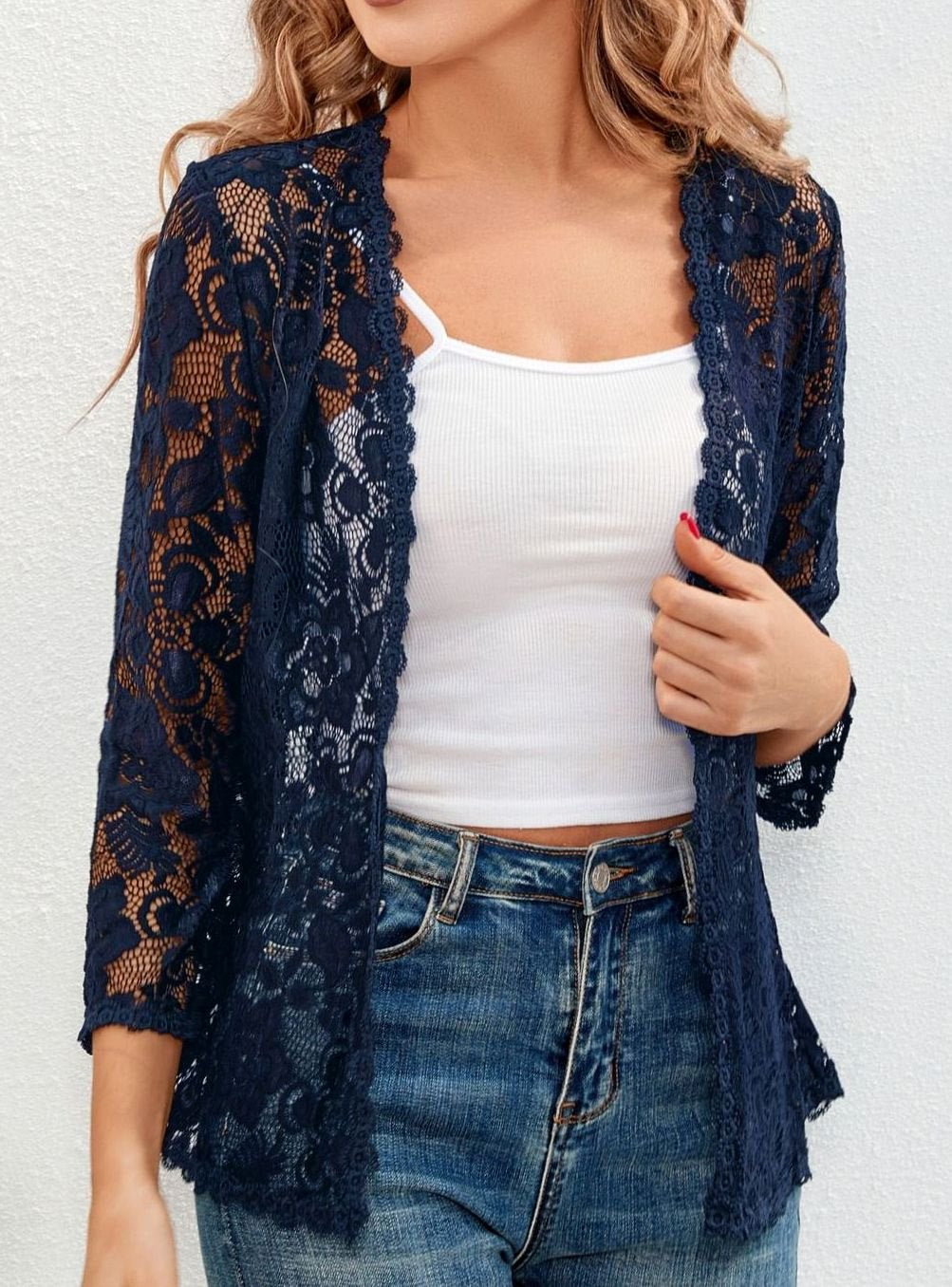 Cárdigan de encaje floral abierto para mujer, vista frontal completa