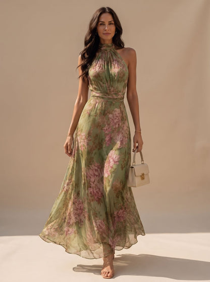 Vestido largo boho FLOURIA con cuello halter y estampado floral rosa sobre verde salvia
