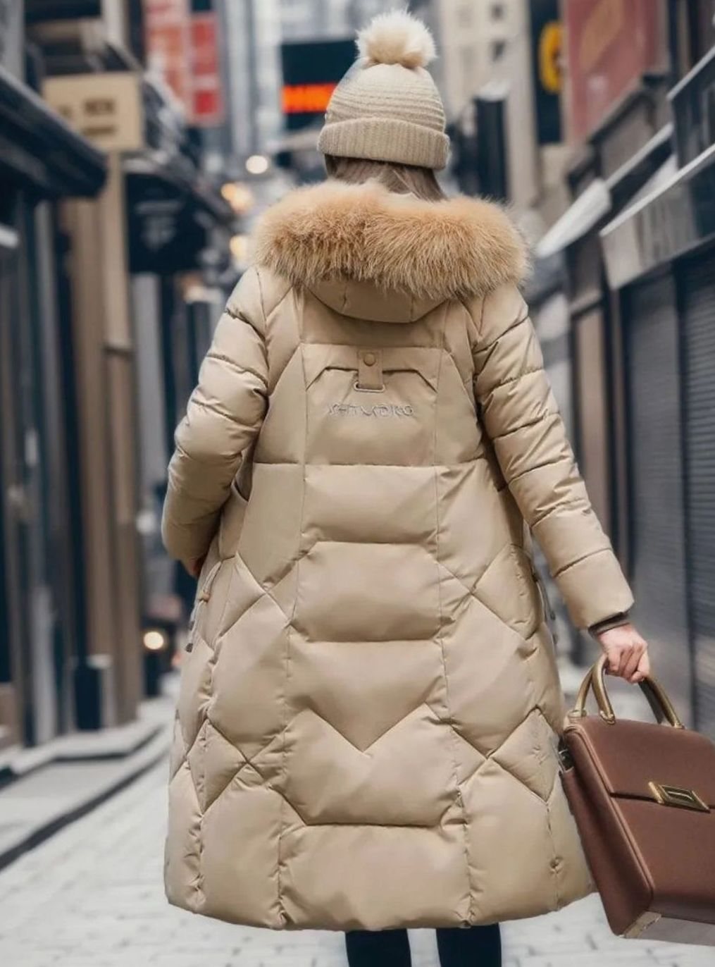 Modelo con abrigo acolchado y capucha en ambiente de invierno