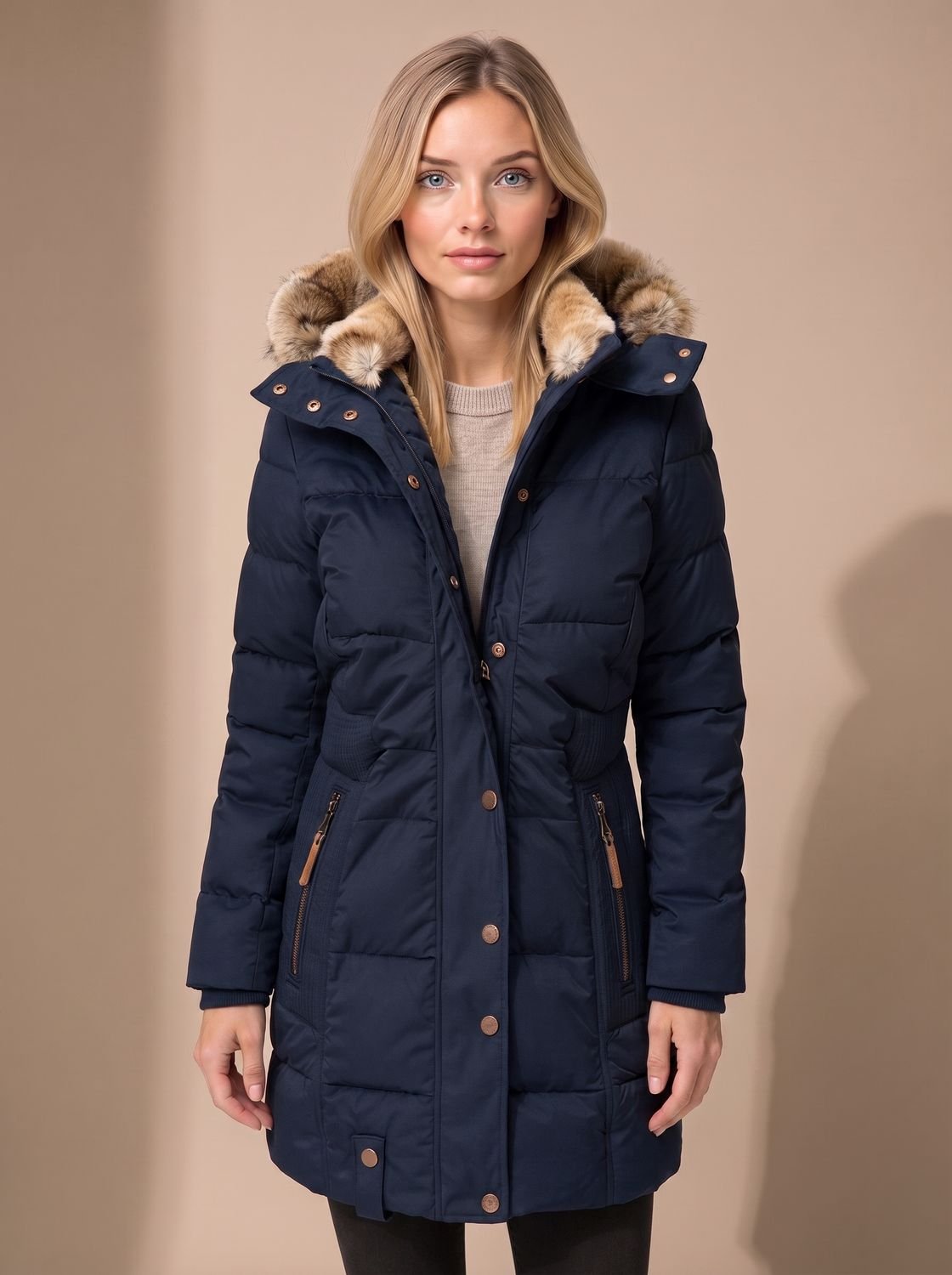 Vista frontal del abrigo largo acolchado con capucha para mujer FROSTELLE