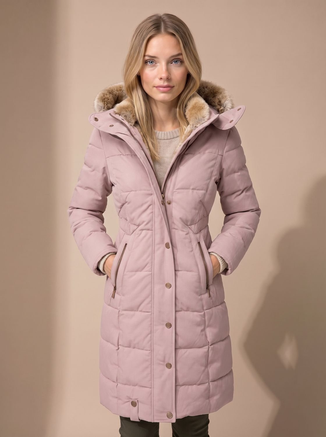 Abrigo puffer longline FROSTELLE visto de perfil mostrando el corte largo