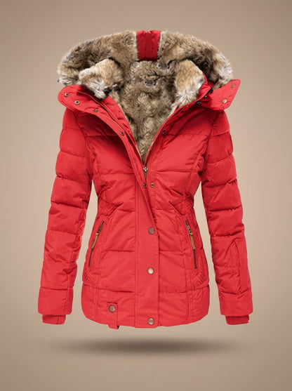 Vista trasera del abrigo acolchado longline FROSTELLE con capucha de pelo sintético