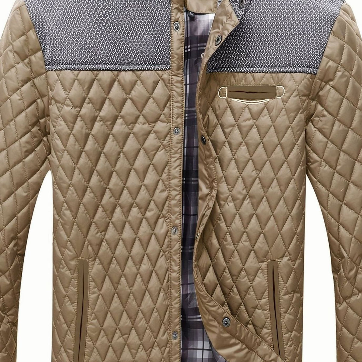 Detalle de costuras y acabados de la chaqueta acolchada