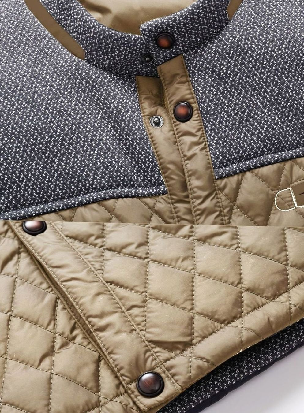 Detalle del cuello mao de la chaqueta acolchada