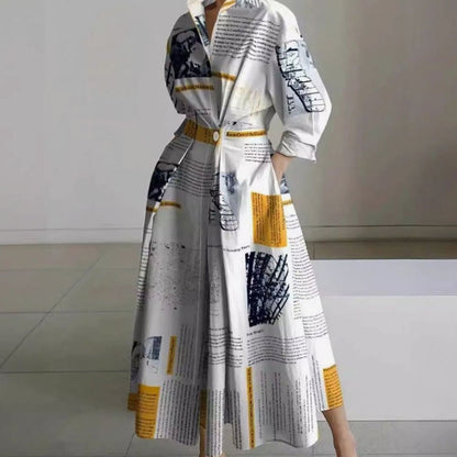 Vestido maxi cruzado con cuello camisero y estampado, vista frontal completa