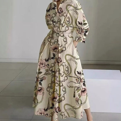 Vista completa del vestido maxi con cuello y manga larga