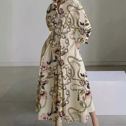 Detalle del cuello camisero estructurado del vestido largo estampado