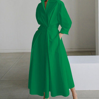Vestido largo cruzado de mujer con manga larga y falda amplia