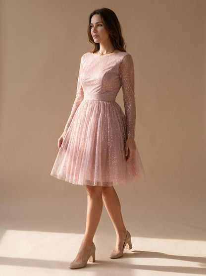 Vestido de fiesta de tul glitter con manga larga y corte evasé para mujer